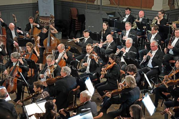 String instruments including violins, cellos and double basses being played by musicians in the Oxford Philharmonic Orchestra