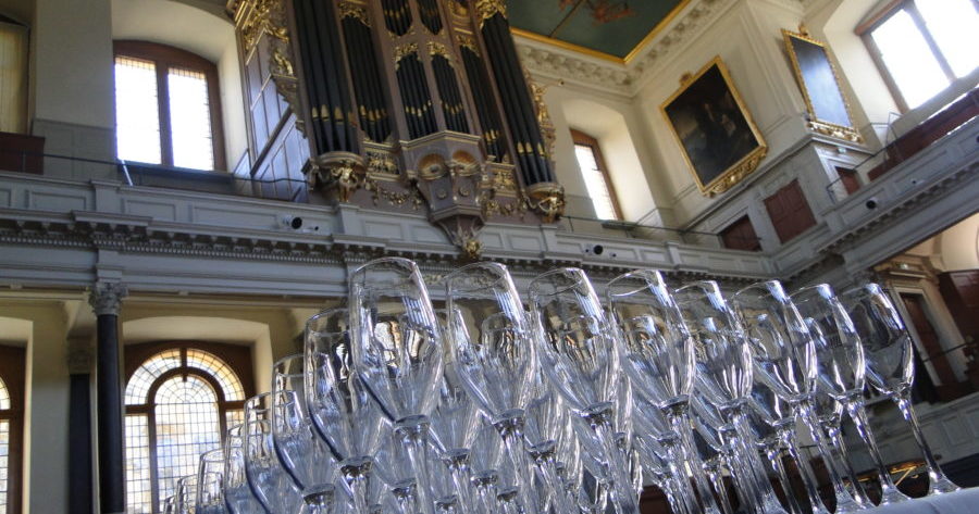 Drinks glasses laid out at the Sheldonian Theatre
